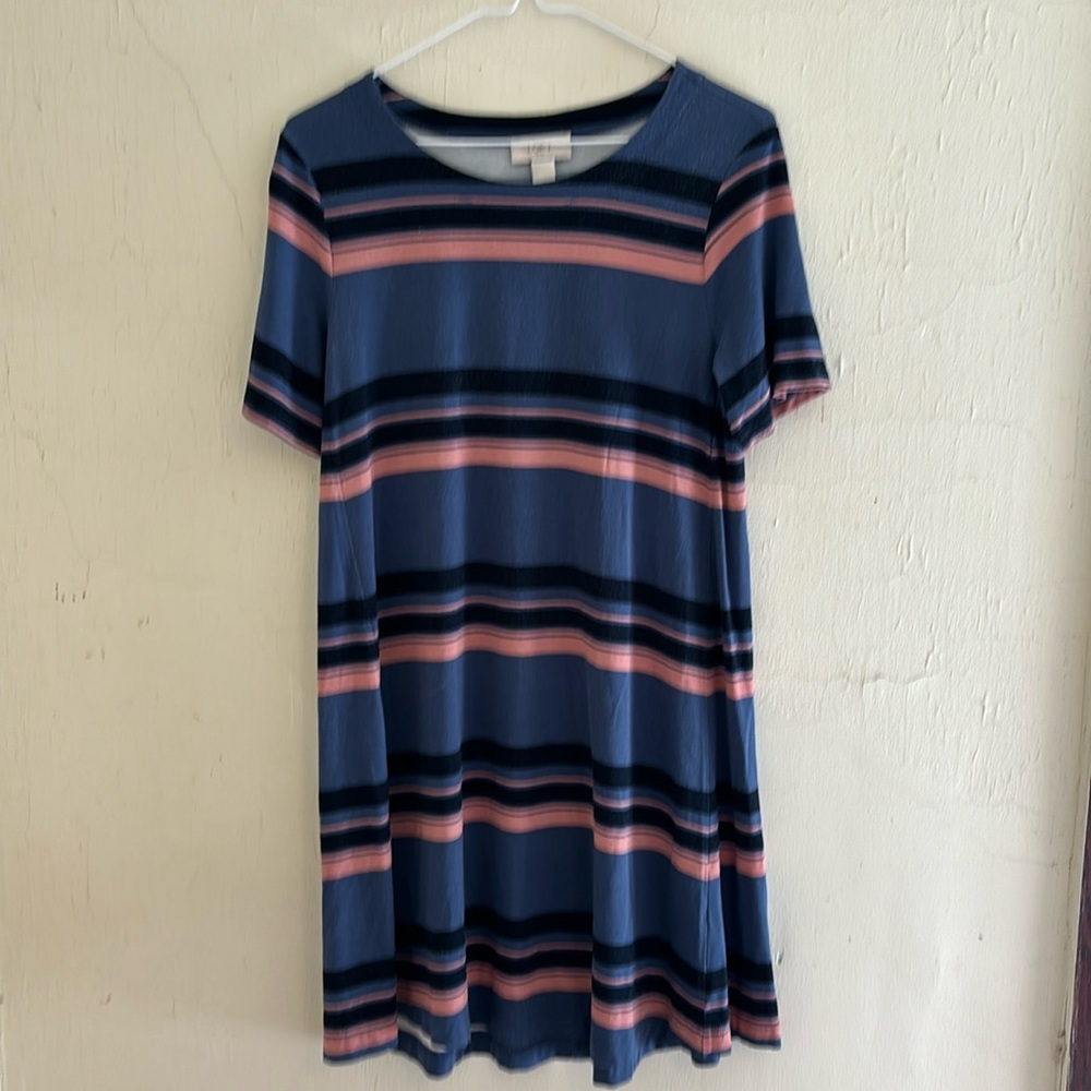 LOFT short sleeved dress blue with pink & black horizontal stripes Size XS